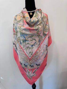 Hermes Silk Scarf Pink White Hand Rolled Made in France